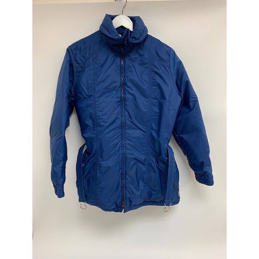 Gerry Vintage Coat Blue Belted Jacket Women Large High Collar Zip Mid Length